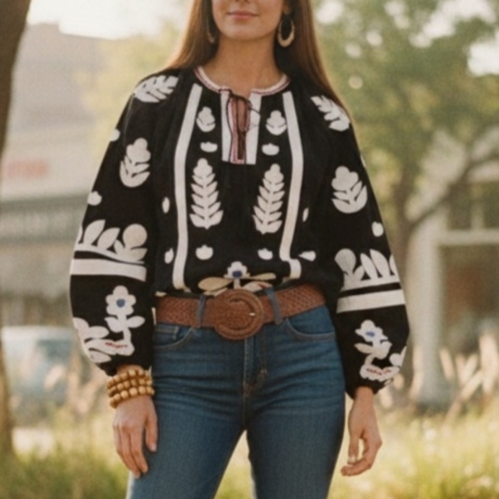 by_ESQ🌴BOHO APPLIQUE&EMROIDERED Y2K COTTON BLOUSE with PUFF SLEEVES Sz S